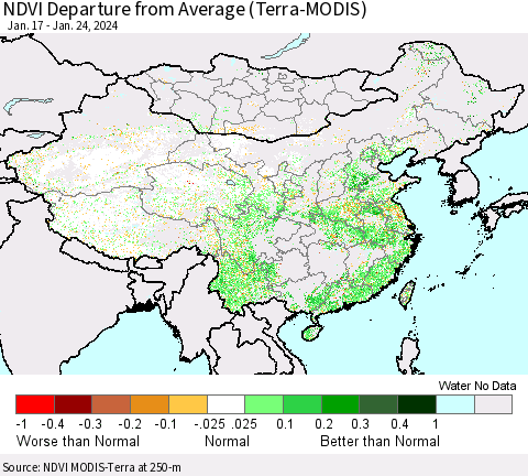 China, Mongolia and Taiwan NDVI Departure from Average (Terra-MODIS) Thematic Map For 1/17/2024 - 1/24/2024