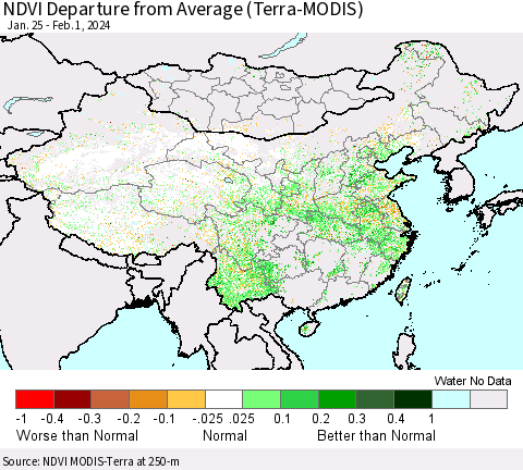 China, Mongolia and Taiwan NDVI Departure from Average (Terra-MODIS) Thematic Map For 1/25/2024 - 2/1/2024