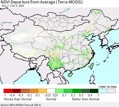 China, Mongolia and Taiwan NDVI Departure from Average (Terra-MODIS) Thematic Map For 2/2/2024 - 2/9/2024