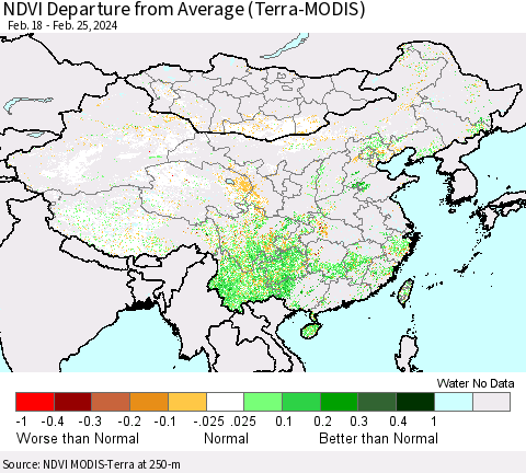 China, Mongolia and Taiwan NDVI Departure from Average (Terra-MODIS) Thematic Map For 2/18/2024 - 2/25/2024