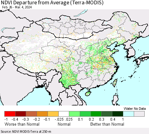 China, Mongolia and Taiwan NDVI Departure from Average (Terra-MODIS) Thematic Map For 2/26/2024 - 3/4/2024