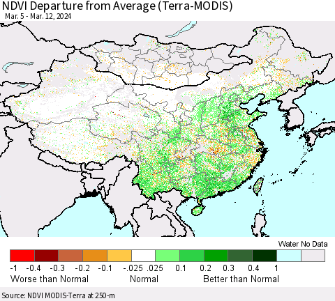 China, Mongolia and Taiwan NDVI Departure from Average (Terra-MODIS) Thematic Map For 3/5/2024 - 3/12/2024