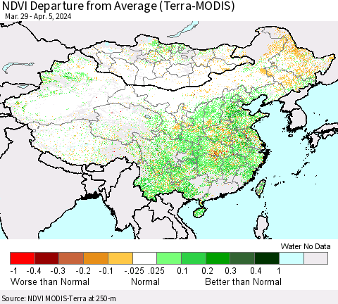 China, Mongolia and Taiwan NDVI Departure from Average (Terra-MODIS) Thematic Map For 3/29/2024 - 4/5/2024