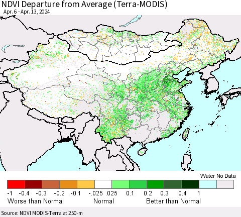 China, Mongolia and Taiwan NDVI Departure from Average (Terra-MODIS) Thematic Map For 4/6/2024 - 4/13/2024