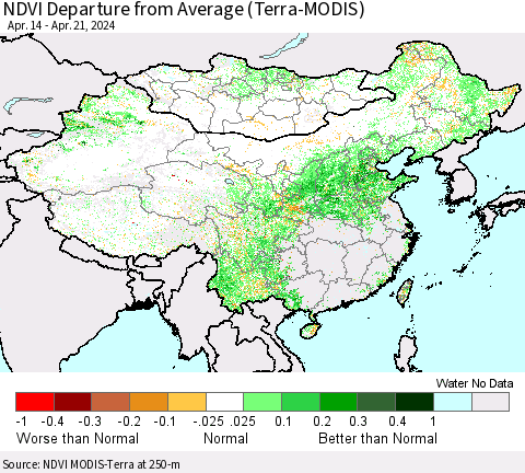 China, Mongolia and Taiwan NDVI Departure from Average (Terra-MODIS) Thematic Map For 4/14/2024 - 4/21/2024