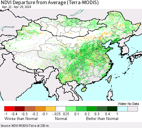 China, Mongolia and Taiwan NDVI Departure from Average (Terra-MODIS) Thematic Map For 4/22/2024 - 4/29/2024