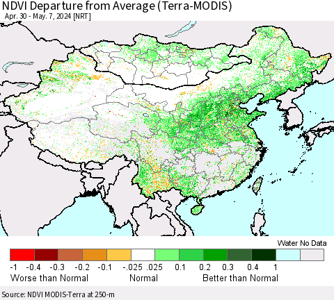 China, Mongolia and Taiwan NDVI Departure from Average (Terra-MODIS) Thematic Map For 4/30/2024 - 5/7/2024