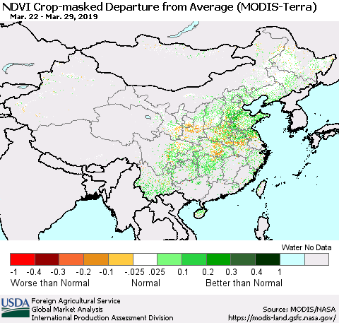 China and Taiwan Cropland NDVI Departure from Average (Terra-MODIS) Thematic Map For 3/21/2019 - 3/31/2019