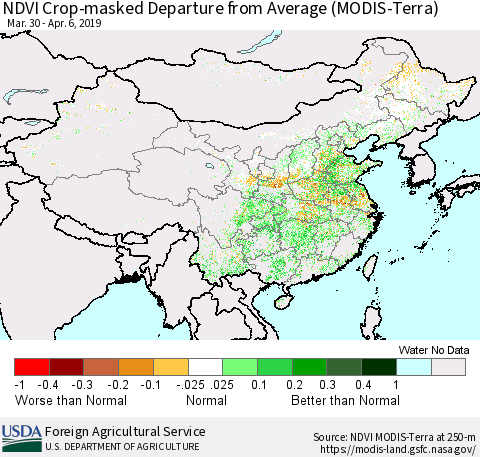China and Taiwan Cropland NDVI Departure from Average (Terra-MODIS) Thematic Map For 4/1/2019 - 4/10/2019