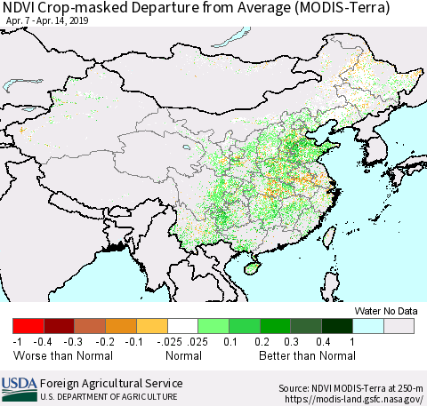 China and Taiwan Cropland NDVI Departure from Average (Terra-MODIS) Thematic Map For 4/11/2019 - 4/20/2019