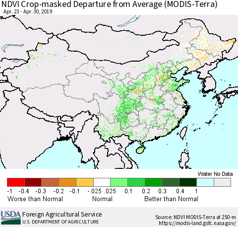 China and Taiwan Cropland NDVI Departure from Average (Terra-MODIS) Thematic Map For 4/21/2019 - 4/30/2019