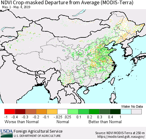 China and Taiwan Cropland NDVI Departure from Average (Terra-MODIS) Thematic Map For 5/1/2019 - 5/10/2019