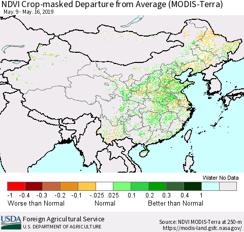 China and Taiwan Cropland NDVI Departure from Average (Terra-MODIS) Thematic Map For 5/11/2019 - 5/20/2019