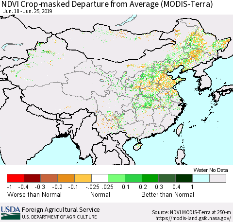 China and Taiwan Cropland NDVI Departure from Average (Terra-MODIS) Thematic Map For 6/21/2019 - 6/30/2019