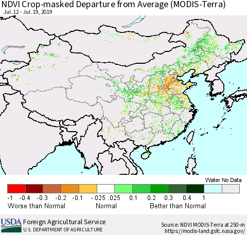 China and Taiwan Cropland NDVI Departure from Average (Terra-MODIS) Thematic Map For 7/11/2019 - 7/20/2019