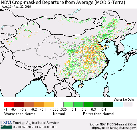 China and Taiwan Cropland NDVI Departure from Average (Terra-MODIS) Thematic Map For 8/11/2019 - 8/20/2019