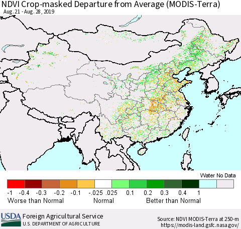 China and Taiwan Cropland NDVI Departure from Average (Terra-MODIS) Thematic Map For 8/21/2019 - 8/31/2019