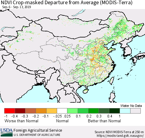 China, Mongolia and Taiwan Cropland NDVI Departure from Average (Terra-MODIS) Thematic Map For 9/11/2019 - 9/20/2019