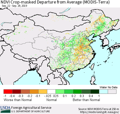China and Taiwan Cropland NDVI Departure from Average (Terra-MODIS) Thematic Map For 9/21/2019 - 9/30/2019