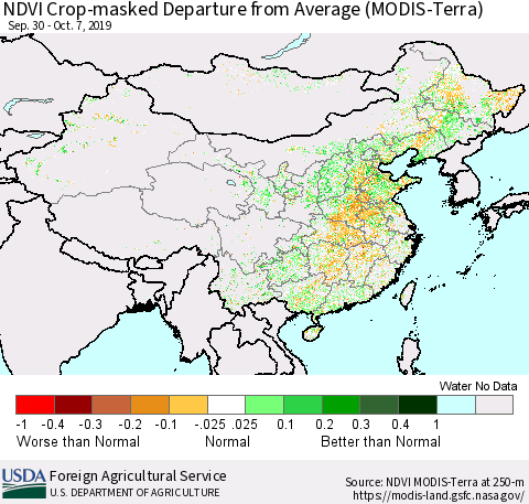 China and Taiwan Cropland NDVI Departure from Average (Terra-MODIS) Thematic Map For 10/1/2019 - 10/10/2019