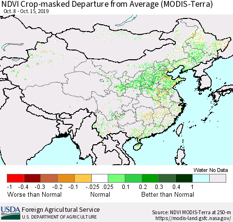 China and Taiwan Cropland NDVI Departure from Average (Terra-MODIS) Thematic Map For 10/11/2019 - 10/20/2019