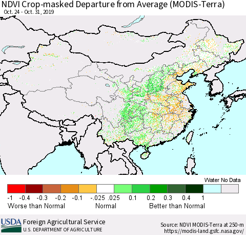 China and Taiwan Cropland NDVI Departure from Average (Terra-MODIS) Thematic Map For 10/21/2019 - 10/31/2019