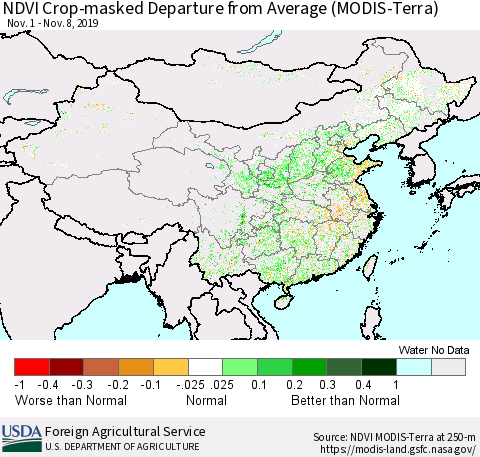 China, Mongolia and Taiwan Cropland NDVI Departure from Average (Terra-MODIS) Thematic Map For 11/1/2019 - 11/10/2019