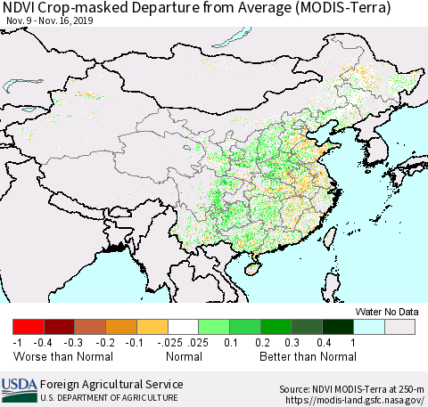 China, Mongolia and Taiwan Cropland NDVI Departure from Average (Terra-MODIS) Thematic Map For 11/11/2019 - 11/20/2019