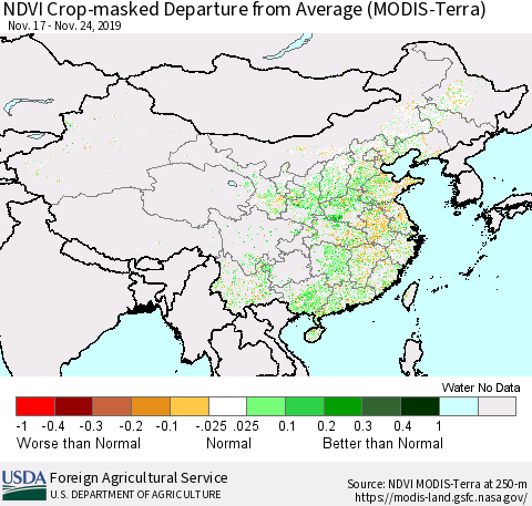 China, Mongolia and Taiwan Cropland NDVI Departure from Average (Terra-MODIS) Thematic Map For 11/21/2019 - 11/30/2019