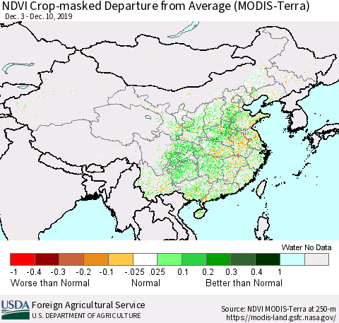 China, Mongolia and Taiwan Cropland NDVI Departure from Average (Terra-MODIS) Thematic Map For 12/1/2019 - 12/10/2019