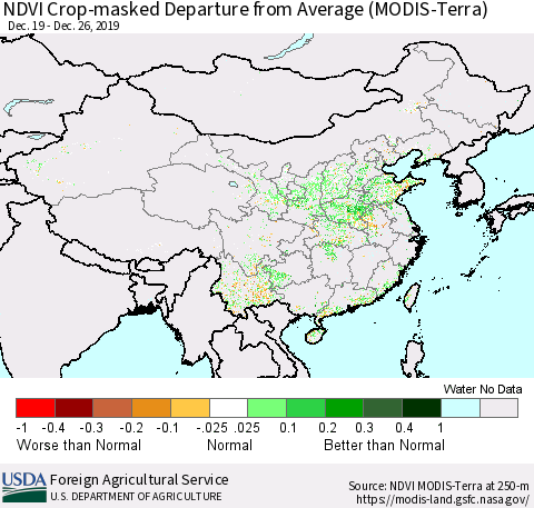 China, Mongolia and Taiwan Cropland NDVI Departure from Average (Terra-MODIS) Thematic Map For 12/21/2019 - 12/31/2019