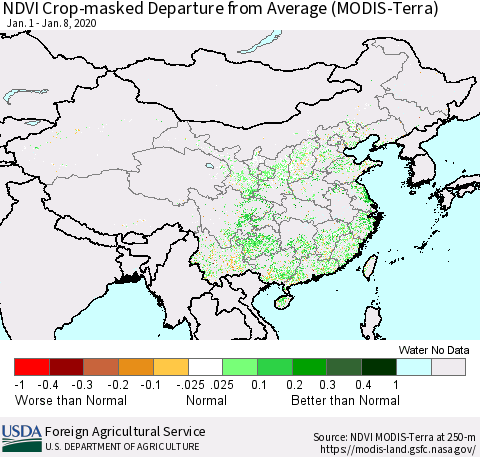 China, Mongolia and Taiwan Cropland NDVI Departure from Average (Terra-MODIS) Thematic Map For 1/1/2020 - 1/10/2020