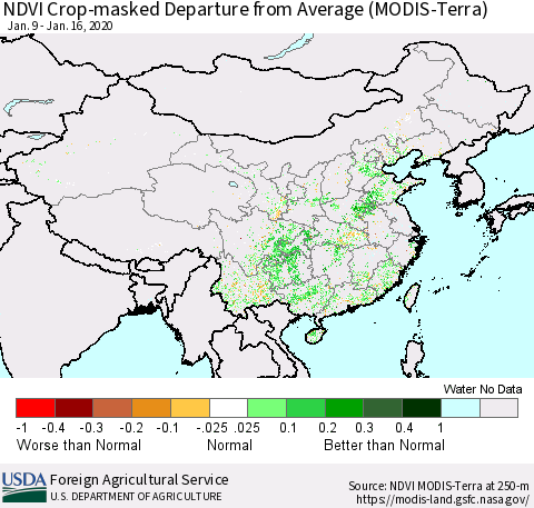 China, Mongolia and Taiwan Cropland NDVI Departure from Average (Terra-MODIS) Thematic Map For 1/11/2020 - 1/20/2020