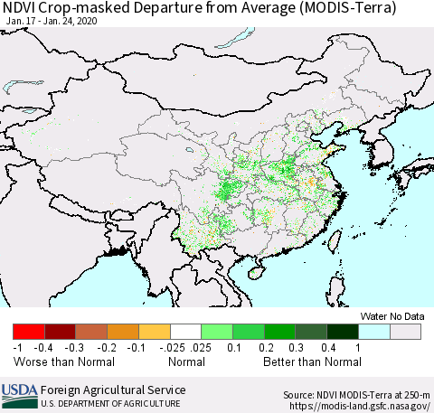 China, Mongolia and Taiwan Cropland NDVI Departure from Average (Terra-MODIS) Thematic Map For 1/21/2020 - 1/31/2020