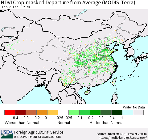China, Mongolia and Taiwan Cropland NDVI Departure from Average (Terra-MODIS) Thematic Map For 2/1/2020 - 2/10/2020
