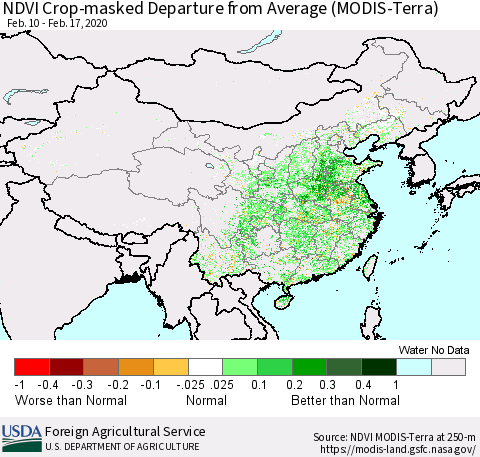 China, Mongolia and Taiwan Cropland NDVI Departure from Average (Terra-MODIS) Thematic Map For 2/11/2020 - 2/20/2020