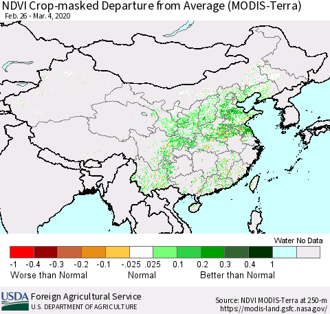 China, Mongolia and Taiwan Cropland NDVI Departure from Average (Terra-MODIS) Thematic Map For 3/1/2020 - 3/10/2020