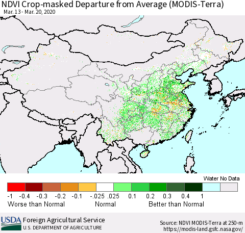 China, Mongolia and Taiwan Cropland NDVI Departure from Average (Terra-MODIS) Thematic Map For 3/11/2020 - 3/20/2020