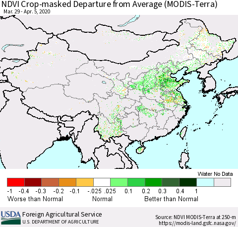 China, Mongolia and Taiwan Cropland NDVI Departure from Average (Terra-MODIS) Thematic Map For 4/1/2020 - 4/10/2020