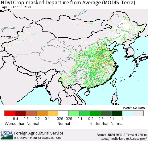 China, Mongolia and Taiwan Cropland NDVI Departure from Average (Terra-MODIS) Thematic Map For 4/11/2020 - 4/20/2020