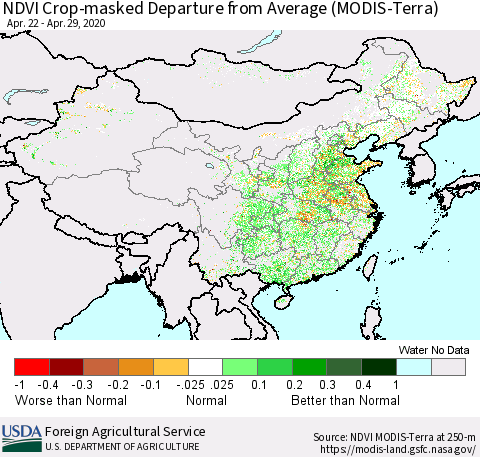 China, Mongolia and Taiwan Cropland NDVI Departure from Average (Terra-MODIS) Thematic Map For 4/21/2020 - 4/30/2020
