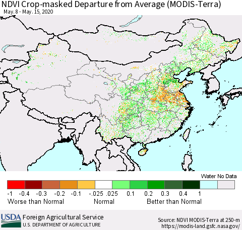 China and Taiwan Cropland NDVI Departure from Average (Terra-MODIS) Thematic Map For 5/11/2020 - 5/20/2020