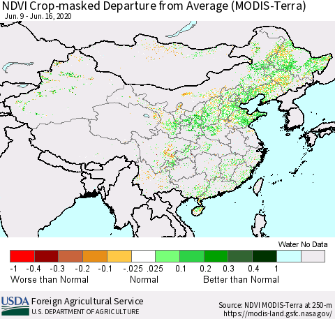 China and Taiwan Cropland NDVI Departure from Average (Terra-MODIS) Thematic Map For 6/11/2020 - 6/20/2020