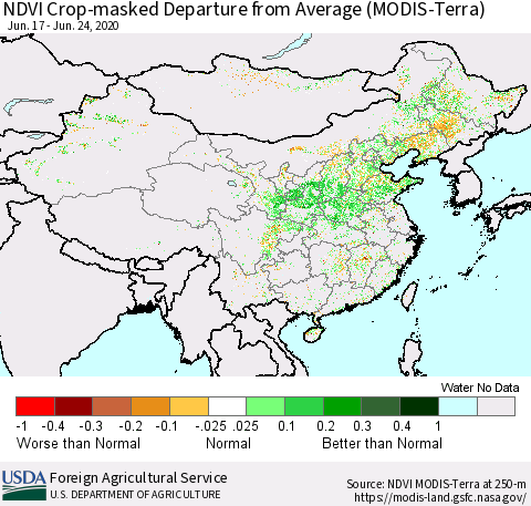 China and Taiwan Cropland NDVI Departure from Average (Terra-MODIS) Thematic Map For 6/21/2020 - 6/30/2020