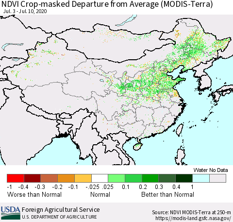 China and Taiwan Cropland NDVI Departure from Average (Terra-MODIS) Thematic Map For 7/1/2020 - 7/10/2020