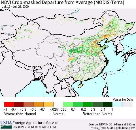 China and Taiwan Cropland NDVI Departure from Average (Terra-MODIS) Thematic Map For 7/21/2020 - 7/31/2020