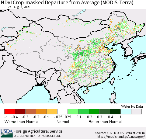 China and Taiwan Cropland NDVI Departure from Average (Terra-MODIS) Thematic Map For 8/1/2020 - 8/10/2020