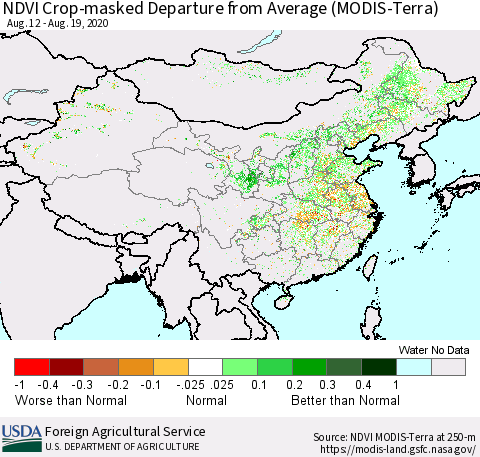 China and Taiwan Cropland NDVI Departure from Average (Terra-MODIS) Thematic Map For 8/11/2020 - 8/20/2020