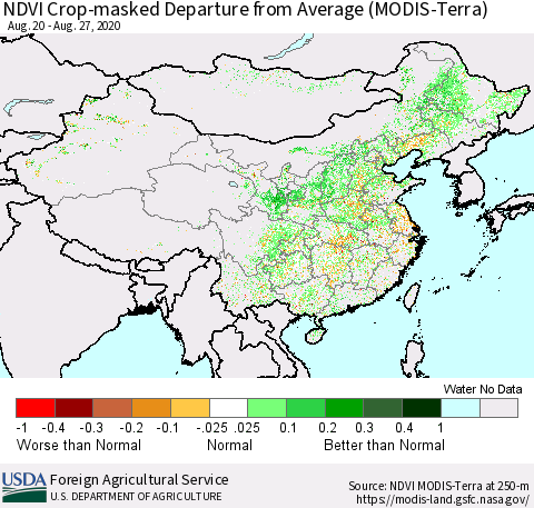 China and Taiwan Cropland NDVI Departure from Average (Terra-MODIS) Thematic Map For 8/21/2020 - 8/31/2020