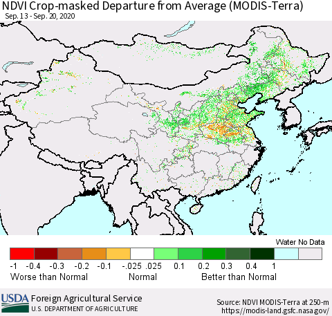 China and Taiwan Cropland NDVI Departure from Average (Terra-MODIS) Thematic Map For 9/11/2020 - 9/20/2020